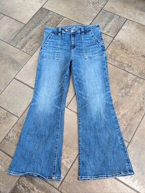 American Eagle Next Level Stretch High Waisted 4 Pocket Flare Jeans Size 10 Blue